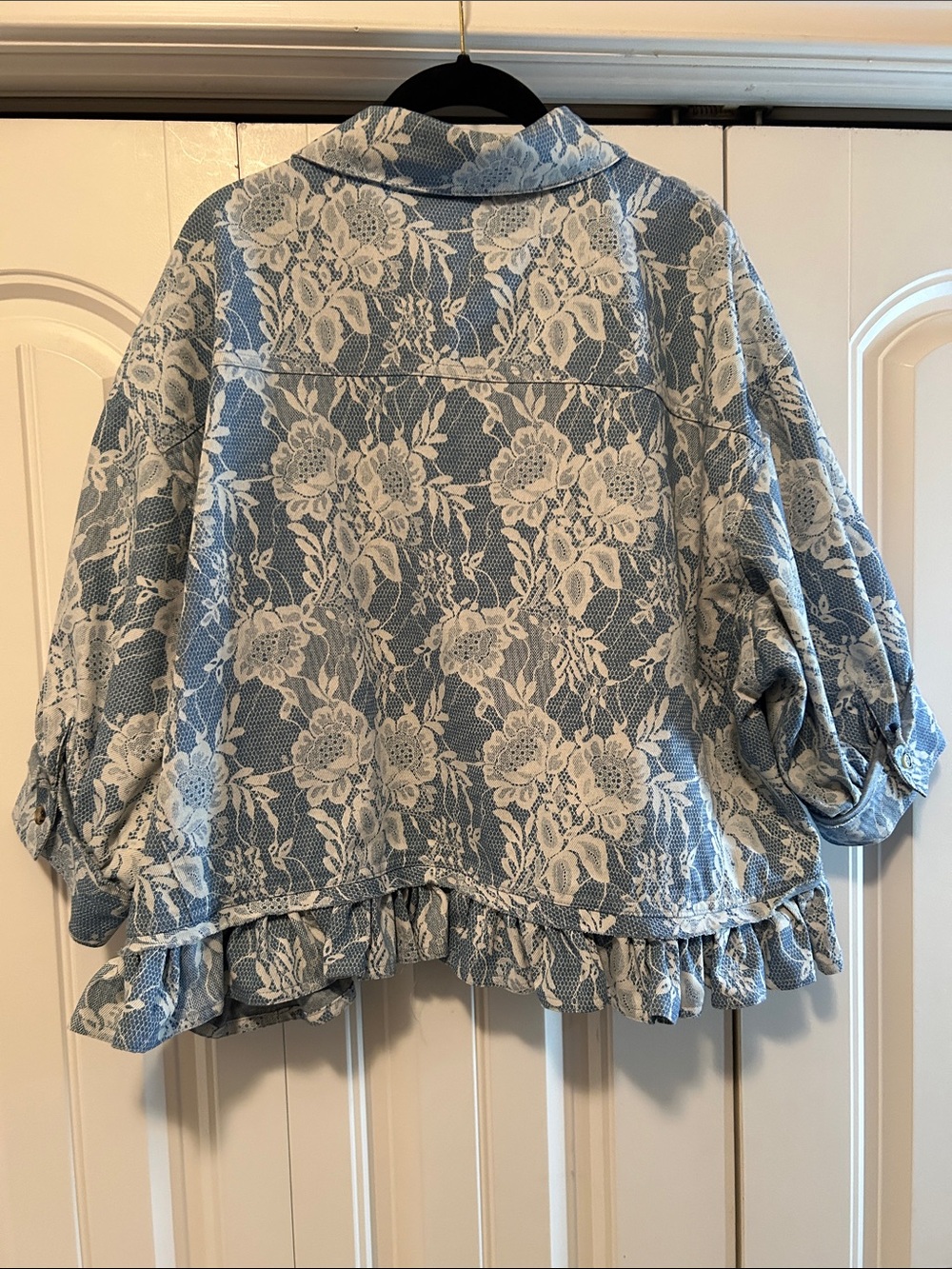 BiBi Blue Lace Floral Ruffle Cropped Jacket - Picture 3 of 5
